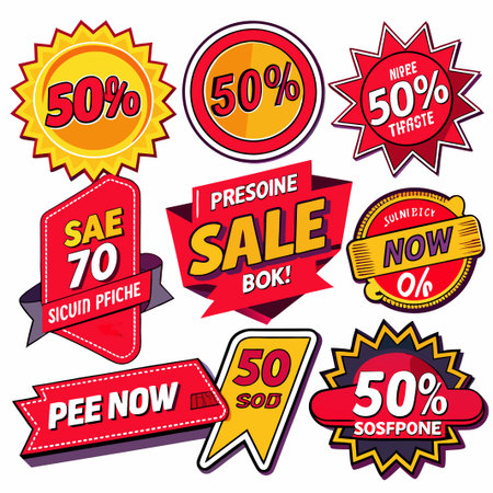 Set of colorful sale stickers with various percentages and words.のイラスト素材