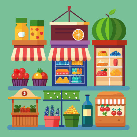 Cartoon illustration of a market stall selling various fruits, vegetables, and drinks.のイラスト素材