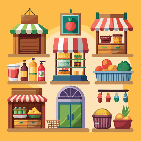Set of colorful market stalls with striped awnings.のイラスト素材