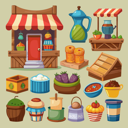 A colorful set of cartoon game assets for a market or store.のイラスト素材
