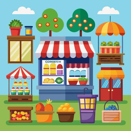 Colorful storefront with red awning and fruit stands.のイラスト素材