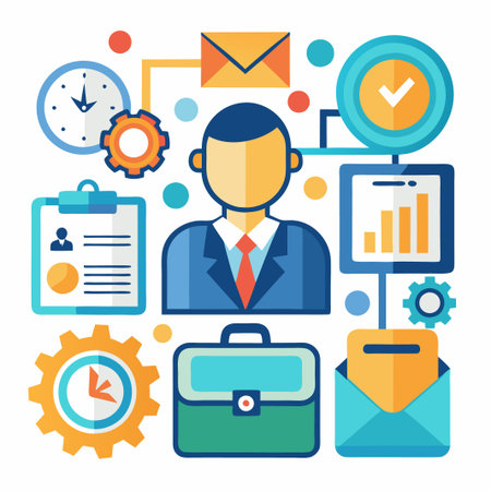 Businessman with briefcase, clock, email, and chart for business and success.のイラスト素材
