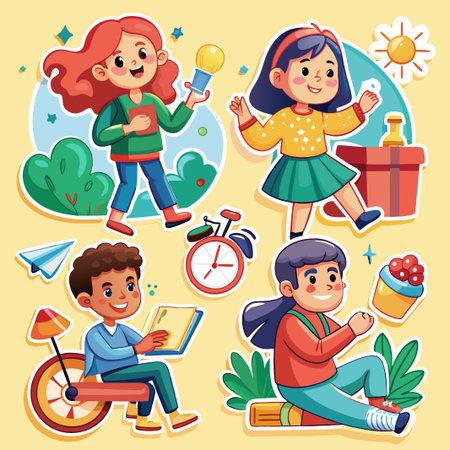 Cute kids sticker set with various activities.のイラスト素材