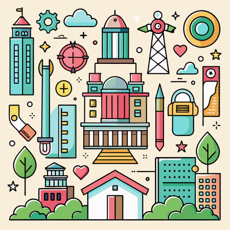 Colorful Illustration of City Buildings and Objects.のイラスト素材