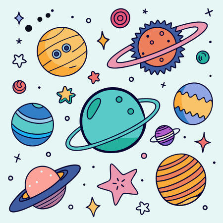Colorful hand-drawn planets with rings and stars on a light blue background.
