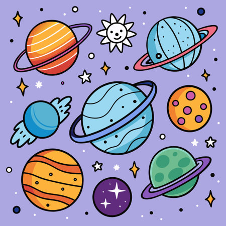 Cute cartoon planets and stars on a purple background.のイラスト素材