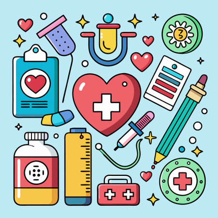 Colorful medical icons with hearts and stars on blue background.のイラスト素材