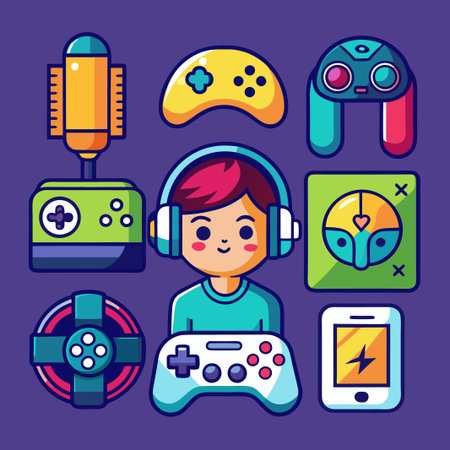 A gamer with headphones holds a gamepad surrounded by various gaming icons.