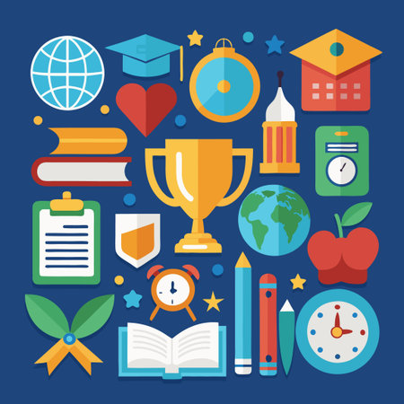 Colorful flat design icons representing education, school, learning, success and knowledge.のイラスト素材