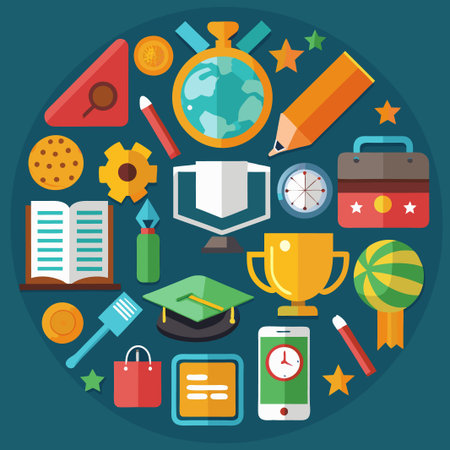 Colorful flat design icons in circle shape including trophy, book, clock, pencil, phone, graduation cap, star, gear.のイラスト素材