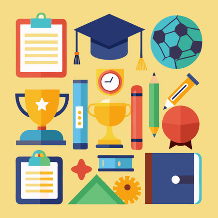 Colorful flat icons of school, education, learning and success.のイラスト素材