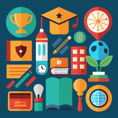 Colorful flat design icons of learning, education, and knowledge.のイラスト素材