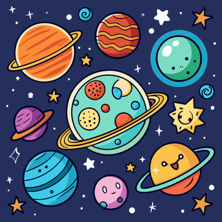 Cute cartoon planets with rings and stars on dark blue background.