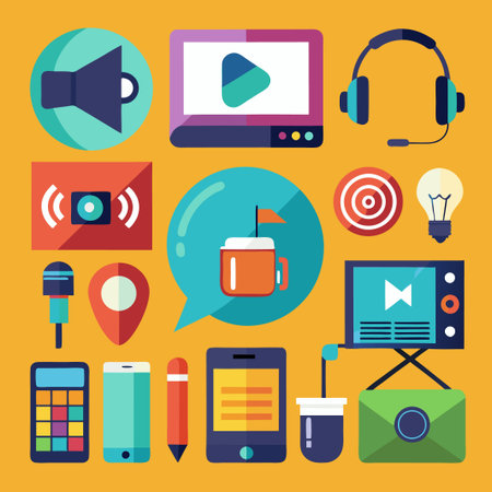 Set of flat icons for business, marketing, and social media.のイラスト素材