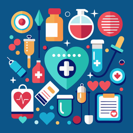 Colorful flat design medical icons with a heart, cross, and pills.のイラスト素材