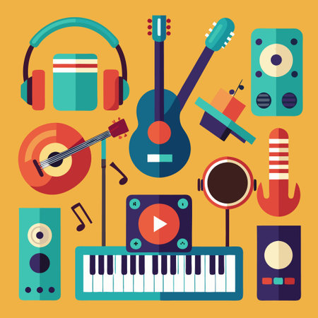 Flat design icons of musical instruments with headphones, microphone and speakers.のイラスト素材