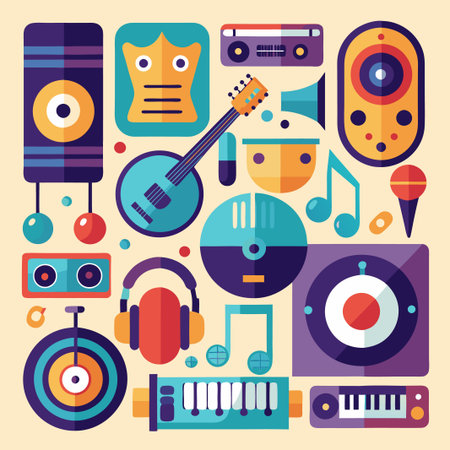 Colorful music instruments flat design with a light background.のイラスト素材