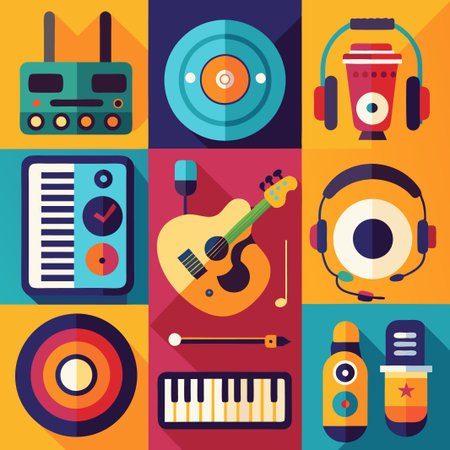 Colorful flat design icons of musical instruments and equipment.のイラスト素材
