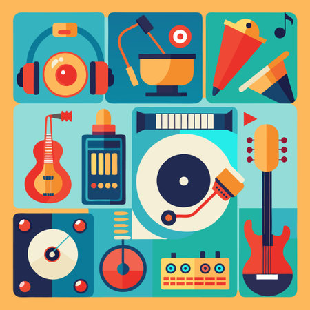 Colorful illustration of music instruments and devices.のイラスト素材