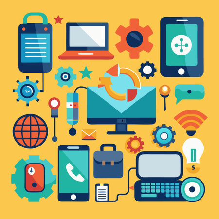 Colorful flat design icons of various electronic gadgets and internet technology.のイラスト素材