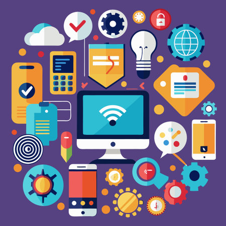 Flat design illustration of a computer, phone, and other technology icons.のイラスト素材