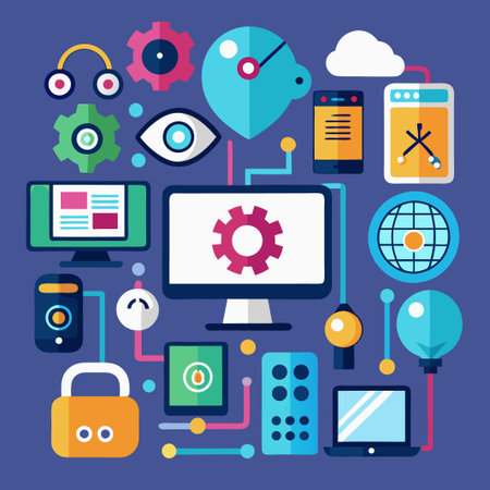 Network of connected devices including a desktop computer, laptop, smartphone, and tablet.のイラスト素材