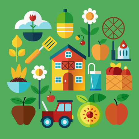 Flat design illustration of a farm with a house, , apple trees, flowers, and other farm-related elements.のイラスト素材