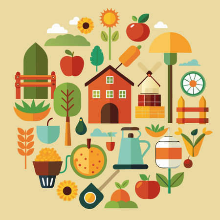 Colorful flat design icons of farm life, nature and countryside.のイラスト素材