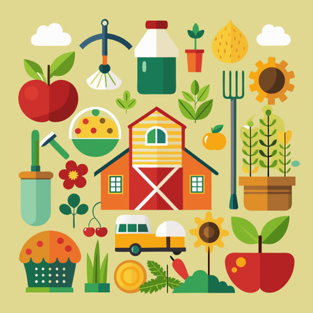 Colorful farm illustration with a variety of farm related items.のイラスト素材