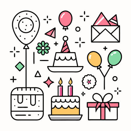 Party Celebration with Balloons, Cake, and Gift Box.のイラスト素材