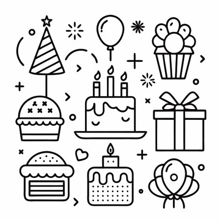 Black and white line art icons of birthday celebration elements.のイラスト素材