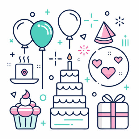 Party celebration with balloons, cake, and presents.のイラスト素材