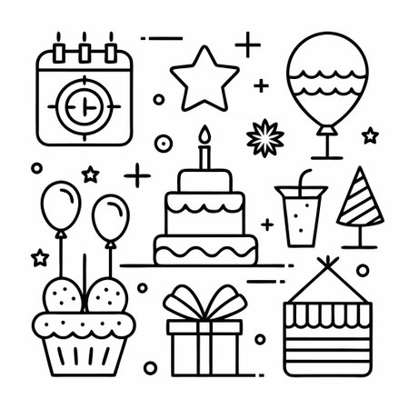 Black and white line drawing of birthday party icons, including a calendar, balloons, cake, star, present, cupcake, and party hat.のイラスト素材