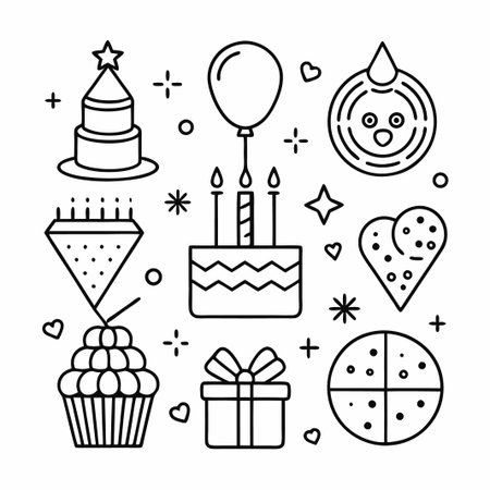 Birthday party vector illustration. Black outline icons.のイラスト素材