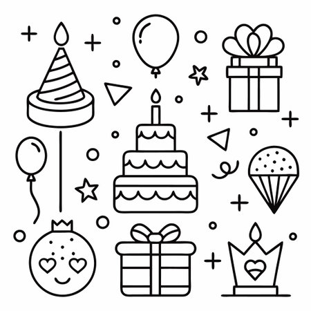 A set of black and white line drawings of birthday icons.のイラスト素材