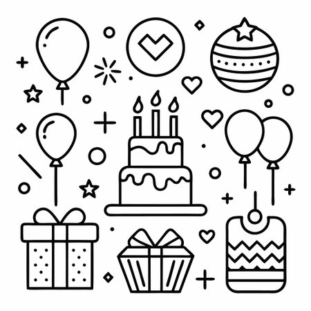 Birthday celebration icons with cake, balloons and gifts.のイラスト素材