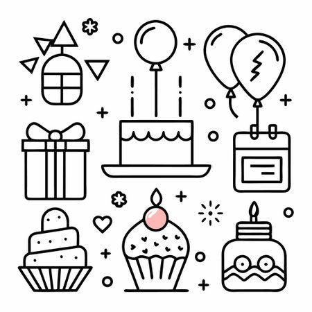 Set of birthday icons - cake, cupcake, gift, balloon, candle.のイラスト素材