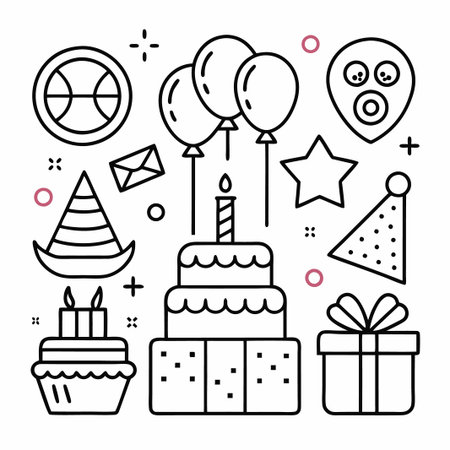 Birthday Party Icon Set with Cake, Balloons, and Gifts.のイラスト素材