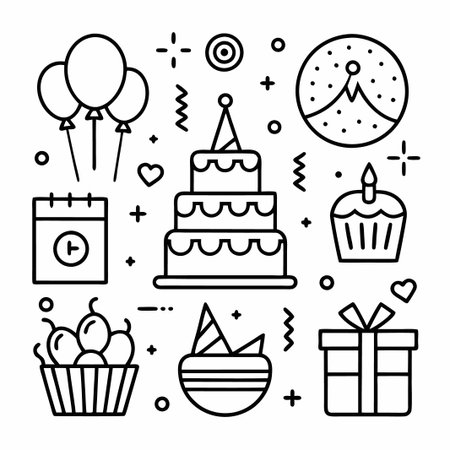 A black and white line art illustration of birthday party icons. The icons include a cake, balloons, a calendar, a present, confetti, a cupcake, and a party hat.のイラスト素材
