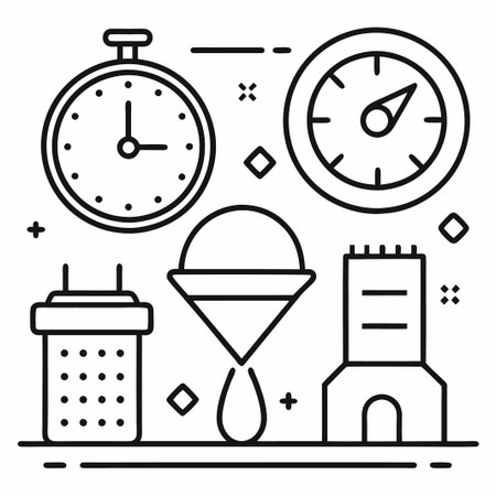 Clock, Funnel, and Building Line Art Illustration.のイラスト素材