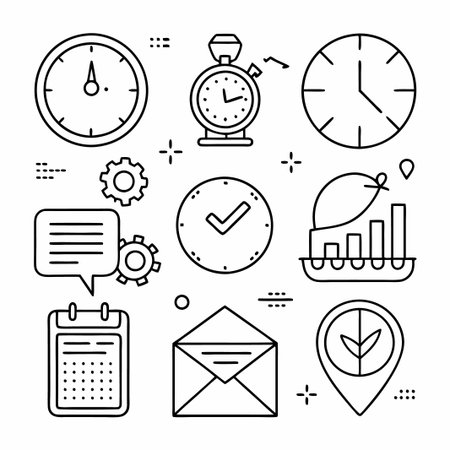 Black and White Line Icons for Time Management, Scheduling, and Planning.のイラスト素材
