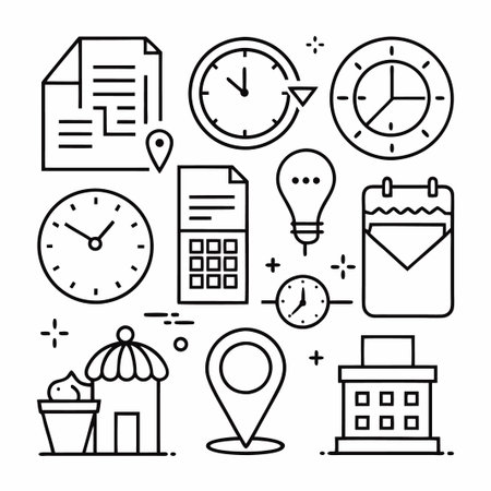 A set of simple black and white line icons related to planning and organizing tasks.のイラスト素材