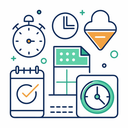 Time Management Icon Set with Clock, Calendar, Checklist, and Cloud.のイラスト素材