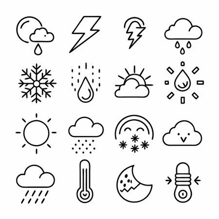 Set of 12 weather icons, including sun, rain, snow, lightning, and temperature.のイラスト素材