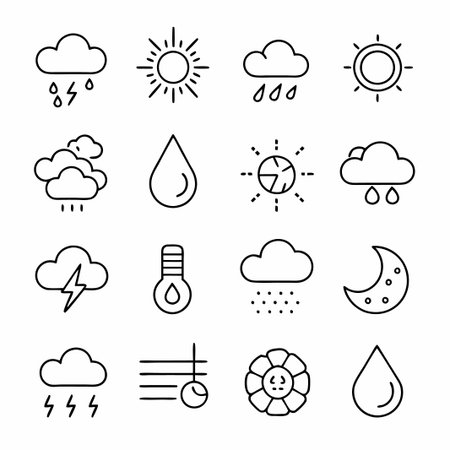 Set of 16 weather icons in outline style.のイラスト素材