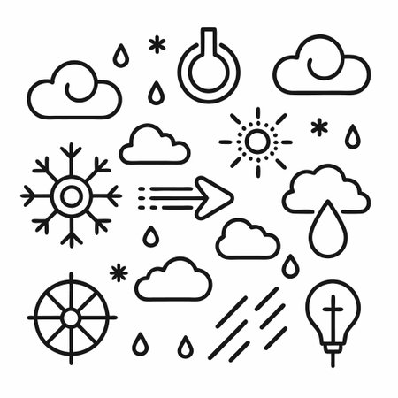 Set of weather icons with cloud, sun, rain, snowflake, wind, and more.