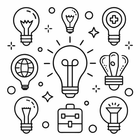 Light bulb icon set with shining light rays, a briefcase, and symbols of the globe, a plus sign, and a feather.のイラスト素材