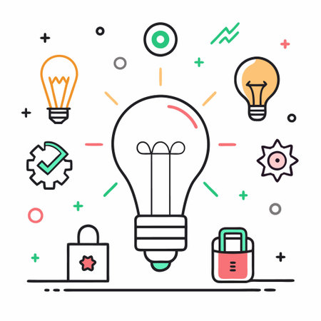 Lightbulb with multiple icons around it showing innovation.のイラスト素材