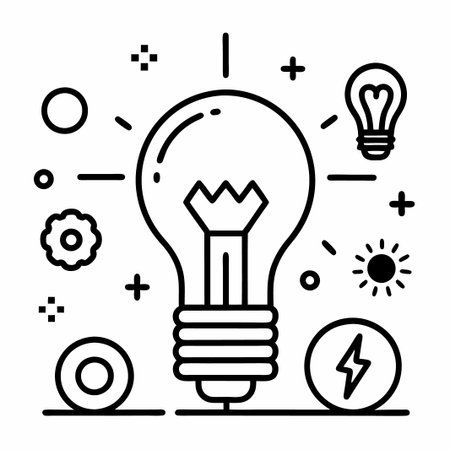 Line art illustration of a lightbulb with energy and sun icons.のイラスト素材