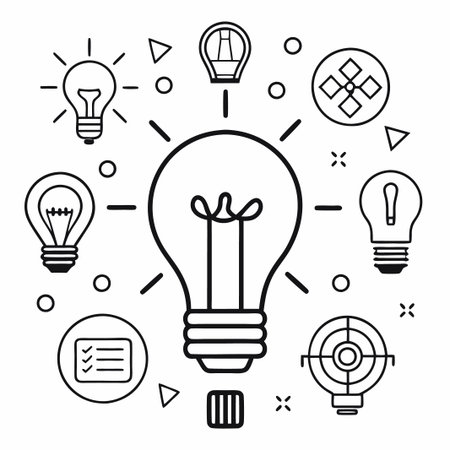 Illustration of a light bulb surrounded by other light bulbs, target symbols, and a checklist.のイラスト素材